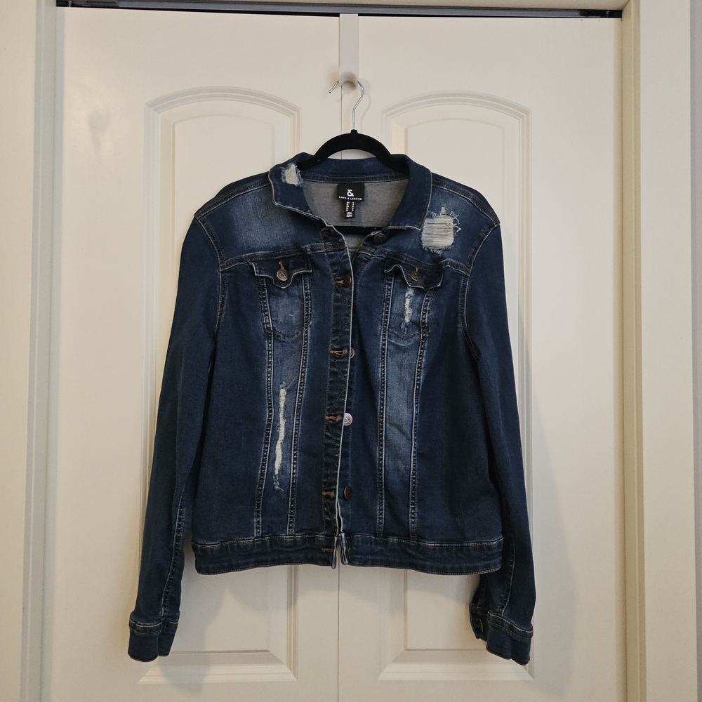 Love & Legend Distressed Dark Blue Denim Jean  Jacket SZ 14